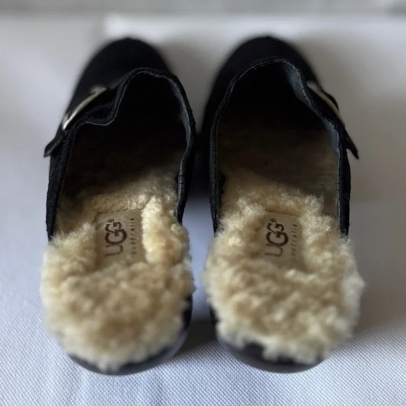 Ugg Size 7 Women’s Black Suede Shearling Heeled Clogs - Picture 8 of 16